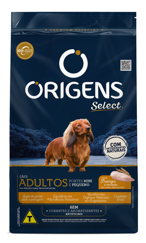 Embalagem de Origens Premium Especial Select Cães Adultos Portes Mini e Pequeno Sabor Frango e Cereais