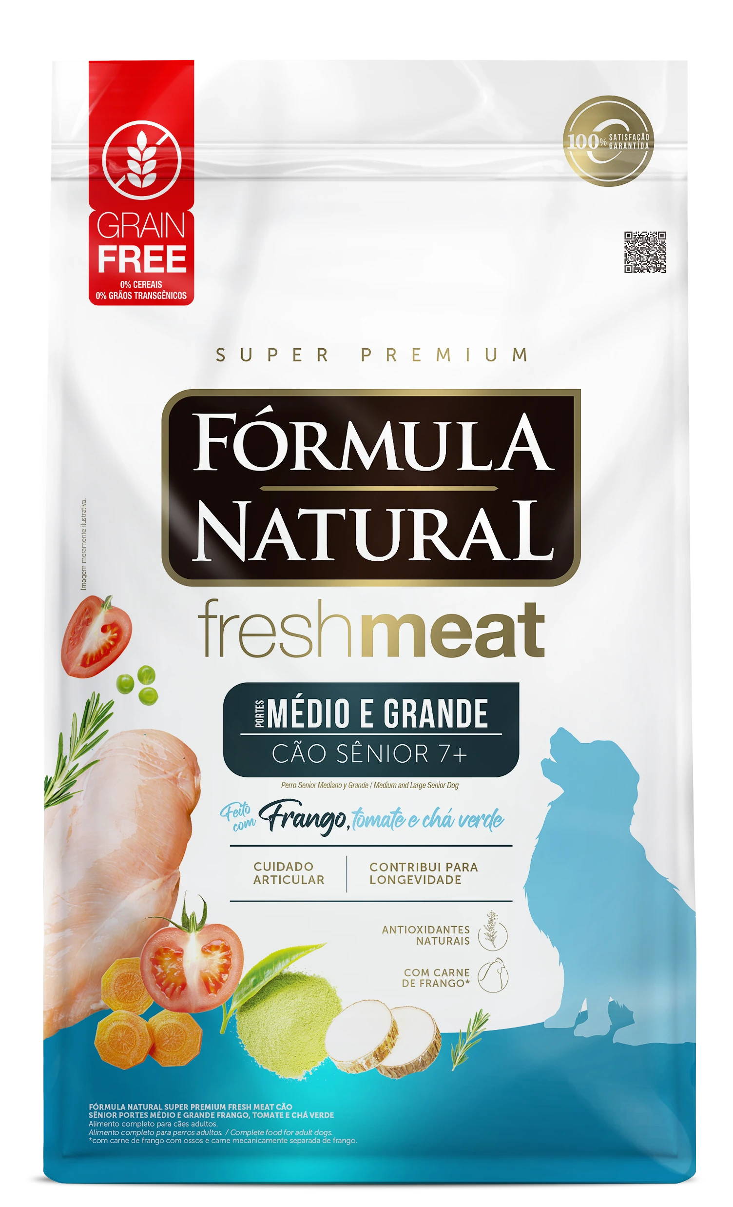 Packshot oficial de Fórmula Natural Super Premium Fresh Meat Cão Sênior Portes Médio e Grande Frango, Tomate e Chá Verde