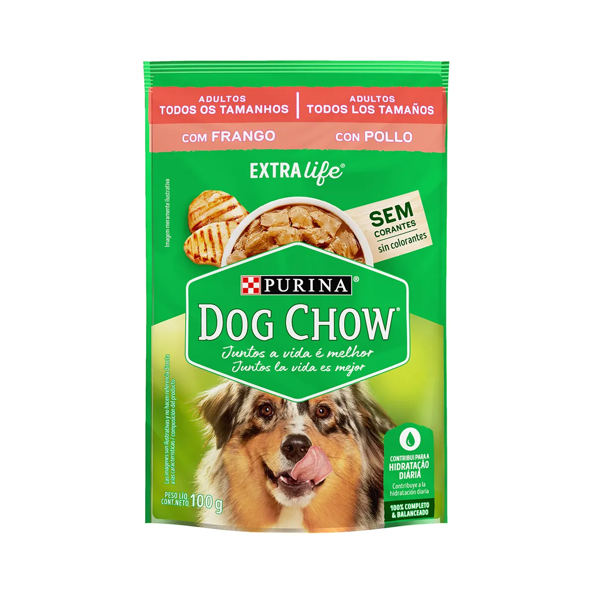 Embalagem de Dog Chow Extralife Cães Adultos Todos os Tamanhos Sabor Frango (Sachê)