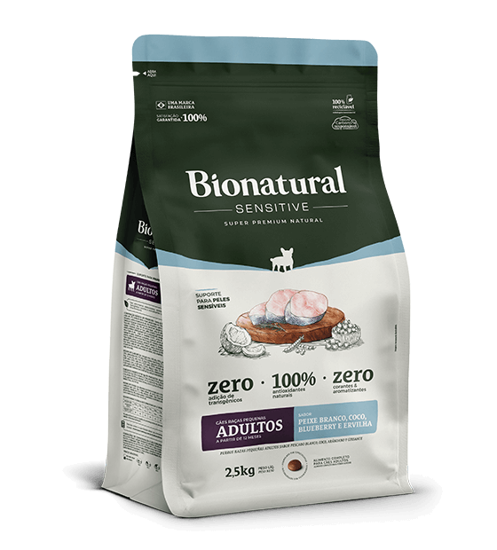Embalagem de Bionatural Sensitive Cães Raças Pequenas Adultos Sabor Peixe Branco