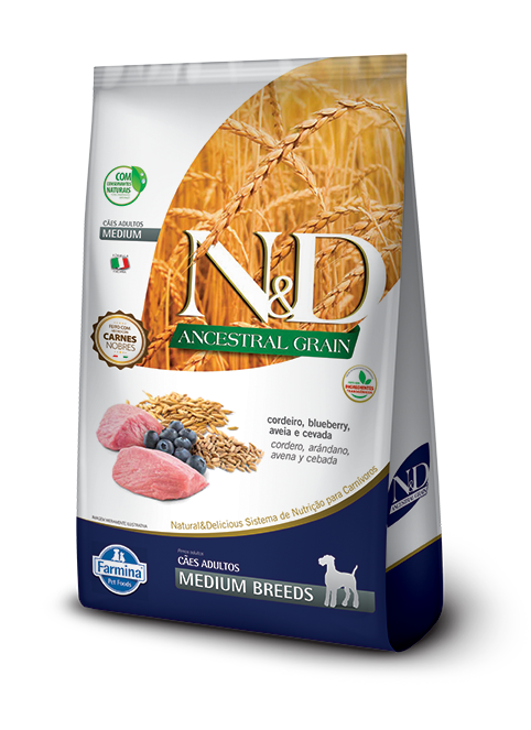 Embalagem de N&D Ancestral Grain Canine Cordeiro & Blueberry Adult Medium