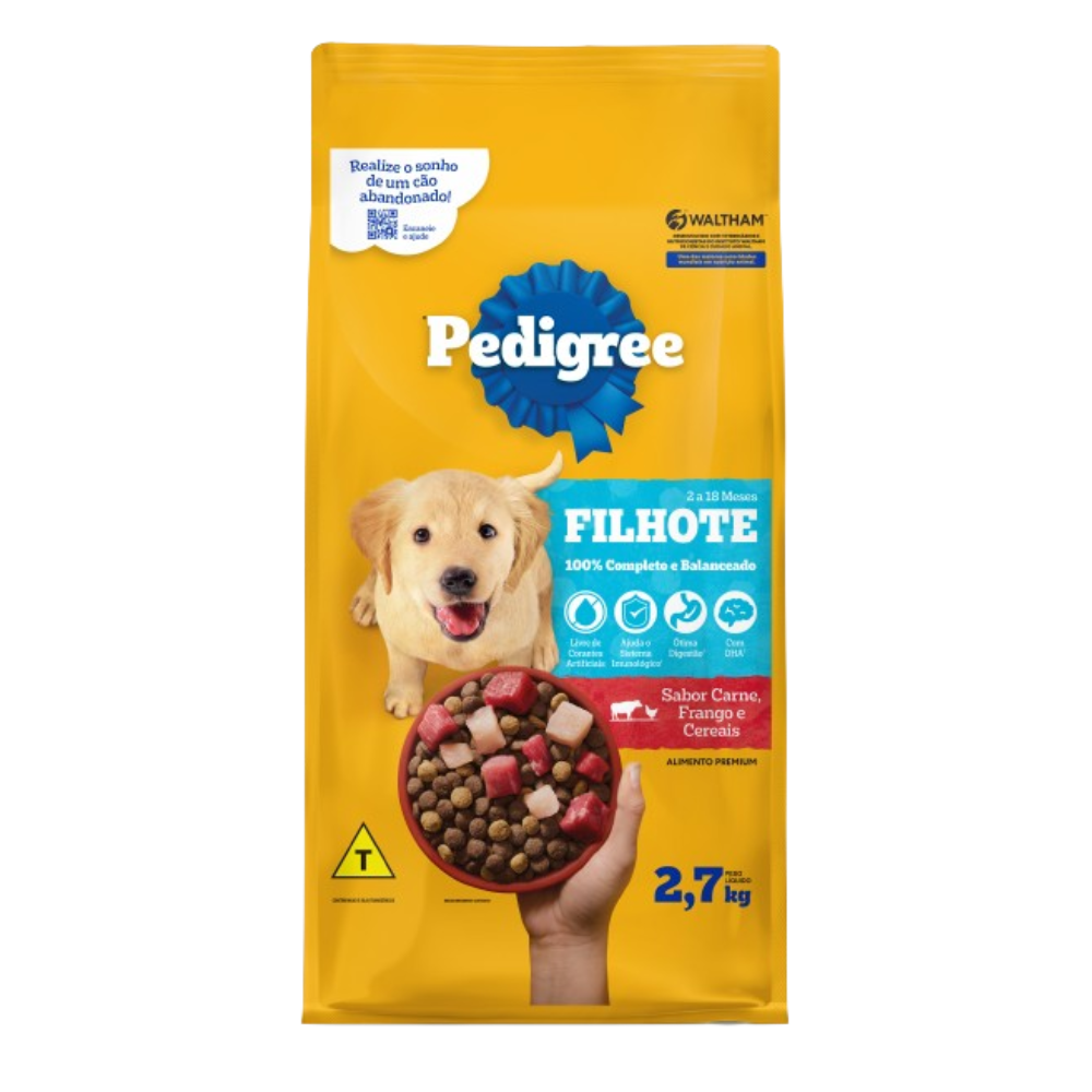 Embalagem de Pedigree Ração Seca Filhote Sabor Carne, Frango e Cereais