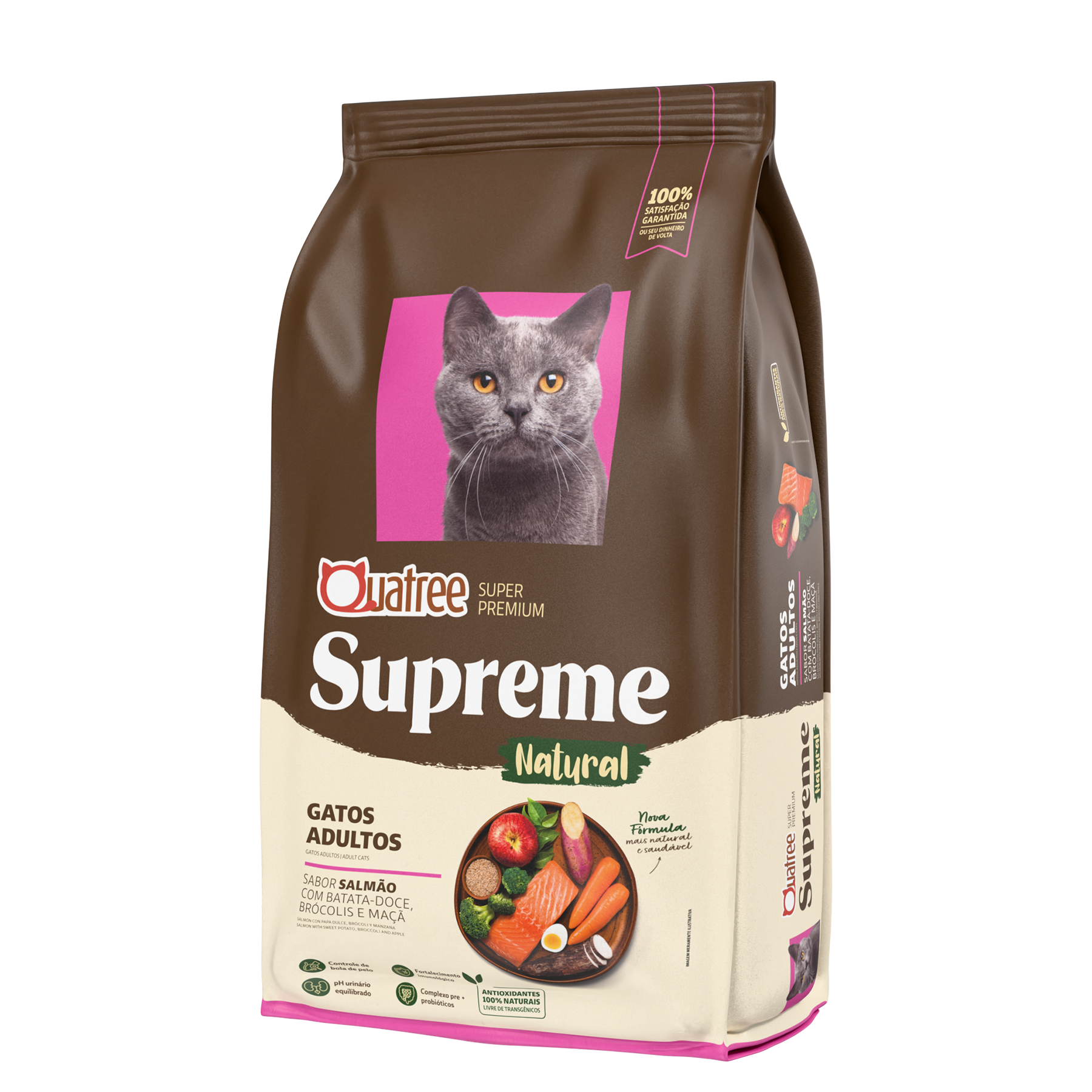 Embalagem de Quatree Supreme Gatos Adultos Sabor Salmão com Batata-doce, Brócolis e Maçã