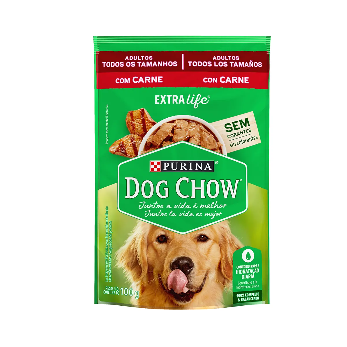 Embalagem de Dog Chow Extralife Cães Adultos Todos os Tamanhos Sabor Carne (Sachê)