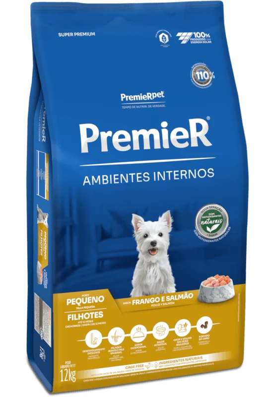 Embalagem de PremieR Ambientes Internos Cães Filhotes Porte Pequeno Frango e Salmão