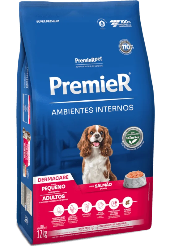 Embalagem de PremieR Ambientes Internos Cães Adultos Porte Pequeno Salmão Dermacare