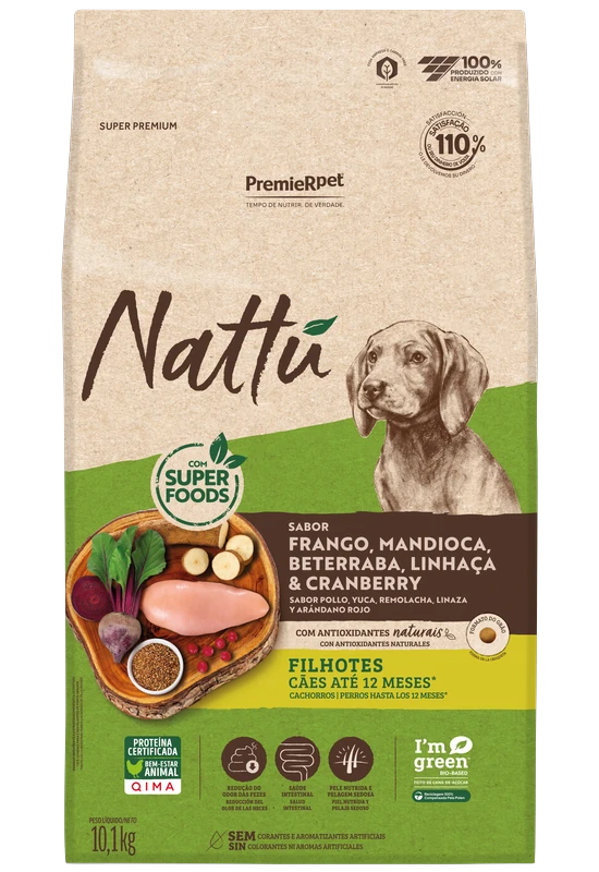 Embalagem de PremieR Nattu Cães Filhotes Frango, Mandioca, Beterraba, Linhaça & Cranberry