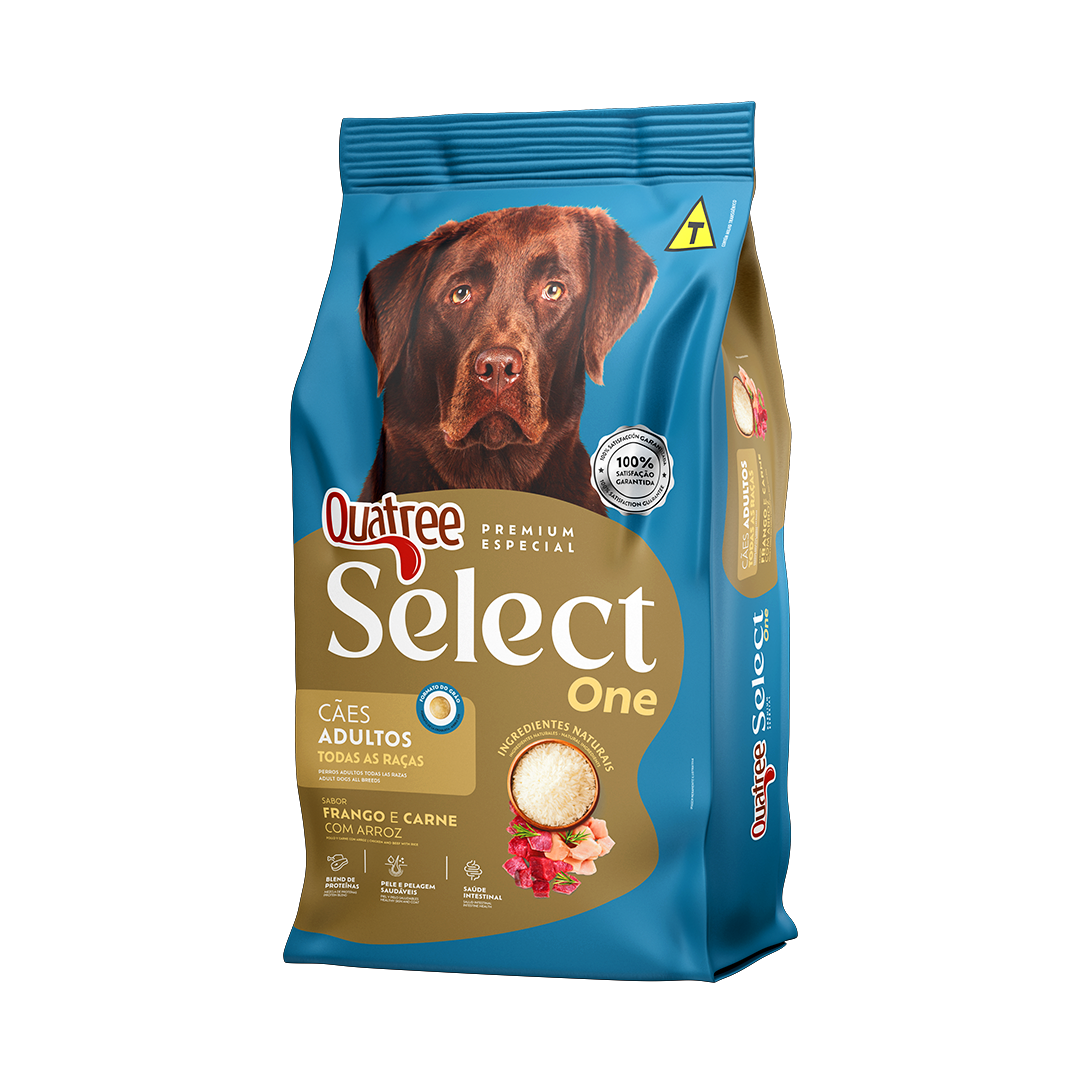 Embalagem de Quatree Select One Cães Adultos Todas as Raças Frango e Carne com Arroz