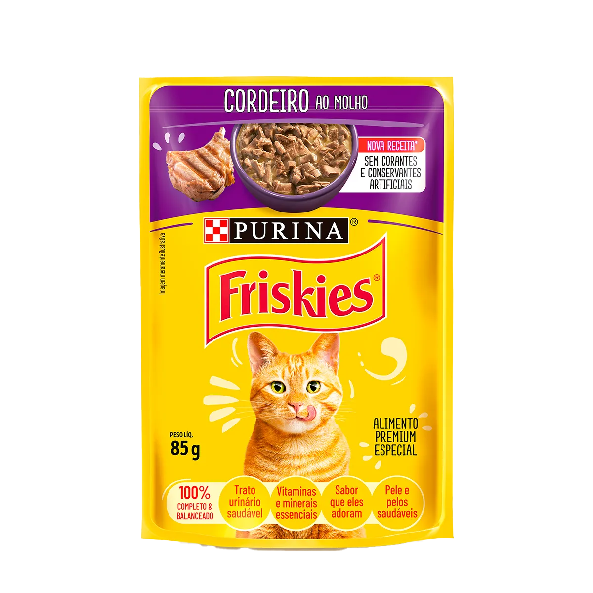 Embalagem de Purina Friskies Gatos Adultos Cordeiro ao Molho (Sachê)