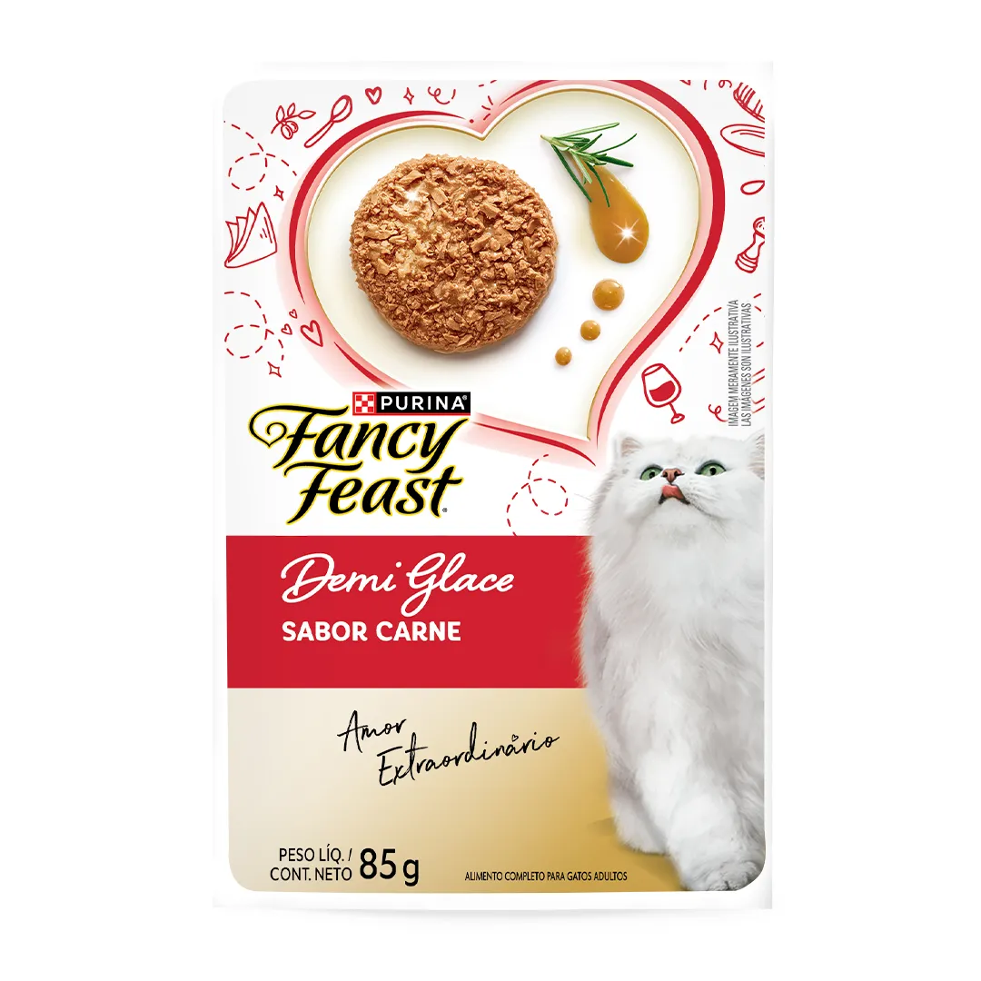Embalagem de Purina Fancy Feast Demi Glace Carne