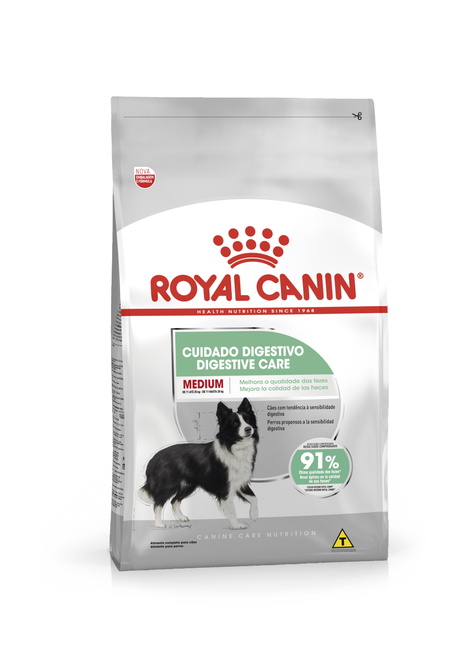Embalagem de Royal Canin Medium Cuidado Digestivo e Digestive Care