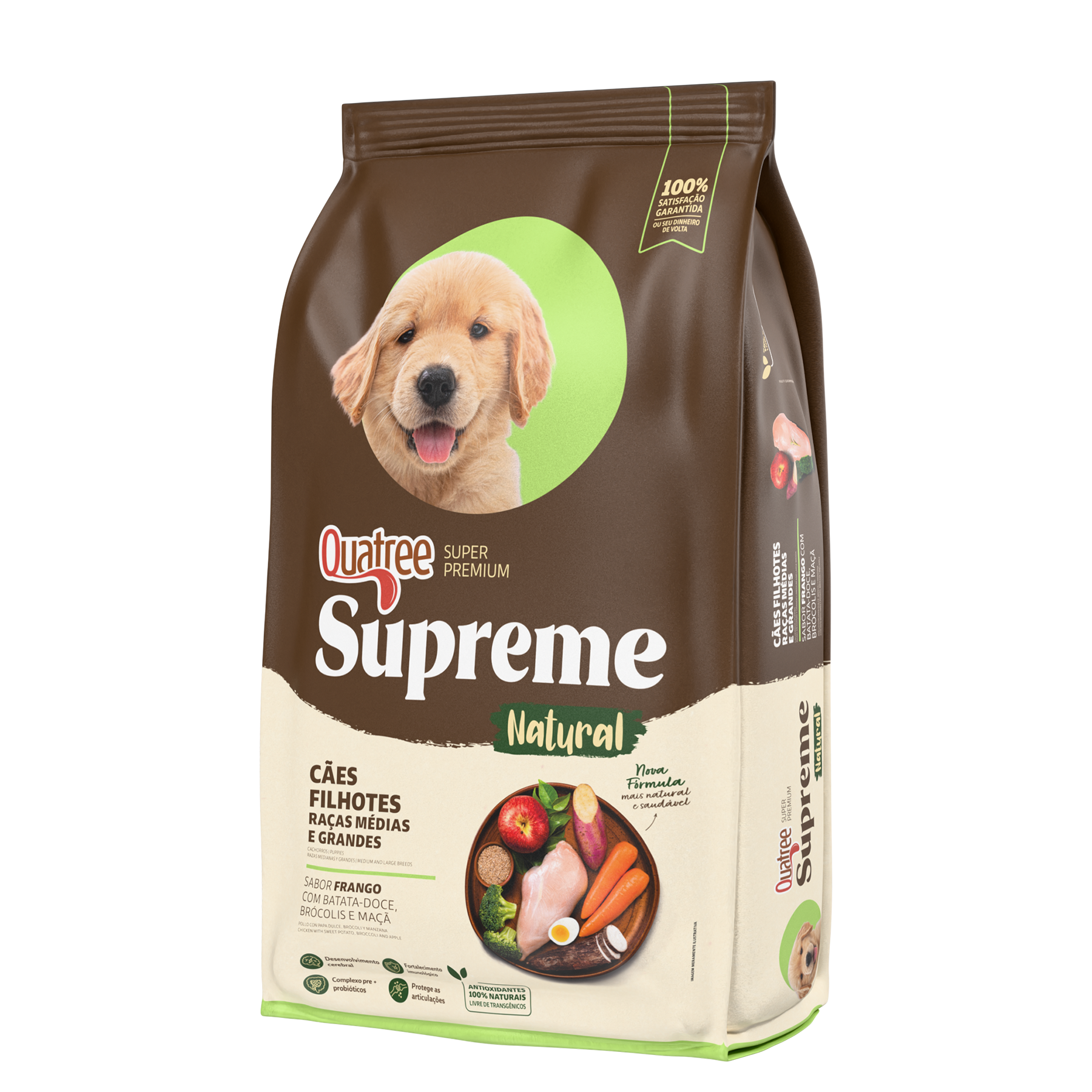 Embalagem de Quatree Supreme Cães Filhotes Raças Médias e Grandes Frango com Batata-doce, Brócolis e Maçã