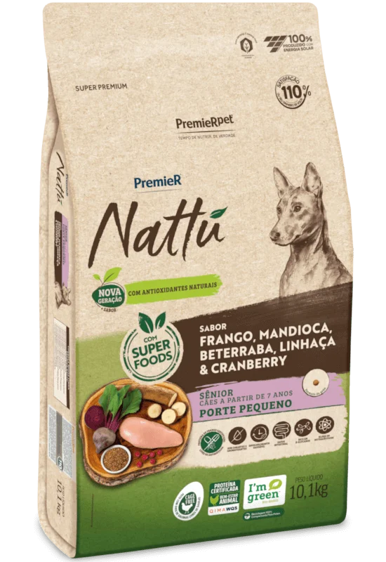 Embalagem de PremieR Nattu Cães Sênior Porte Pequeno Frango, Mandioca, Beterraba, Linhaça & Cranberry