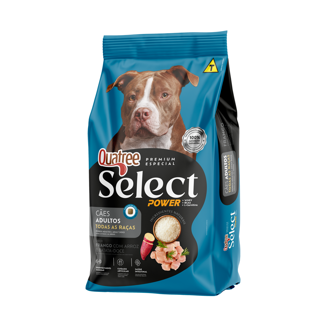 Embalagem de Quatree Select Power Cães Adultos Todas as Raças Frango com Arroz e Batata-doce