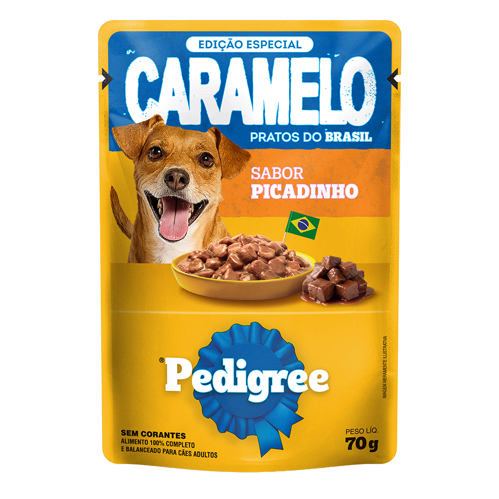 Embalagem de Pedigree Caramelo Sachê Picadinho Adulto