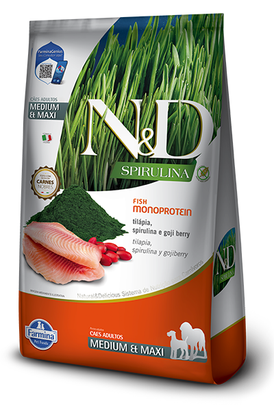 Embalagem de N&D Spirulina canine Tilápia, Spirulina e Goji Berry Adult Medium & Maxi