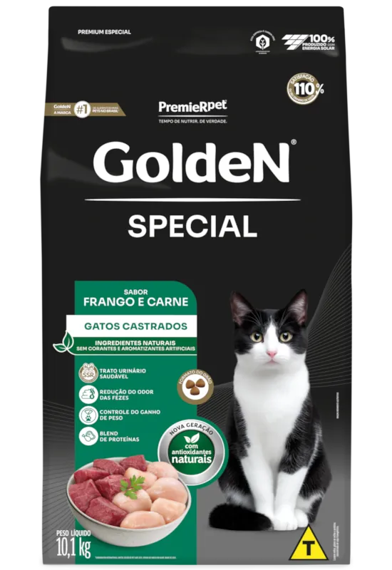 Embalagem de GoldeN Gatos Castrados Special Sabor Frango e Carne
