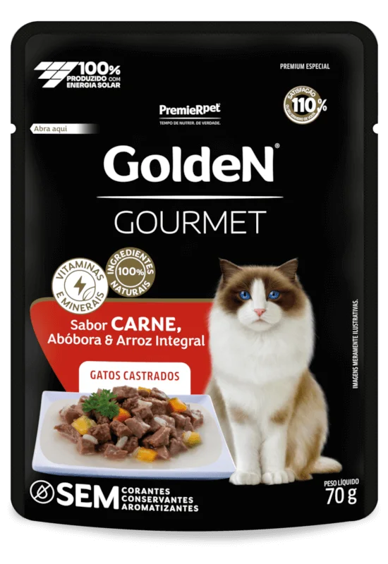 Embalagem de GoldeN Gourmet Gatos Castrados Carne, Abóbora e Arroz Integral
