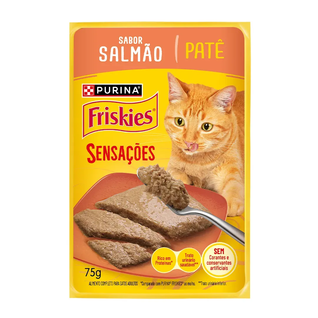 Embalagem de Purina Friskies Patê Sensações para Gatos Adultos Salmão