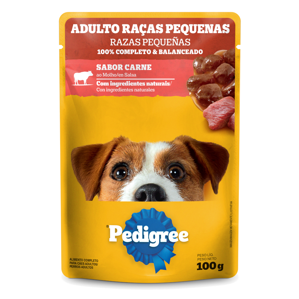 Embalagem de Pedigree Sachê Adulto Raças Pequenas Sabor Carne ao Molho