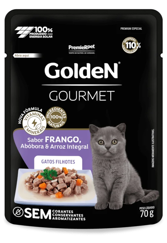 Embalagem de GoldeN Gourmet Gatos Filhotes Frango, Abóbora e Arroz Integral