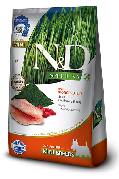 Embalagem de N&D Spirulina canine Tilápia, Spirulina e Goji Berry Adult Mini