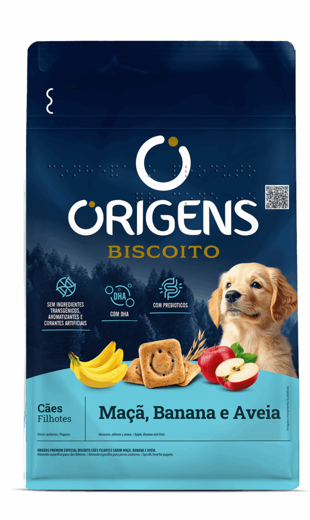 Packshot oficial de Origens Premium Especial Biscoito Cães Filhotes Sabor Banana, Maçã e Aveia