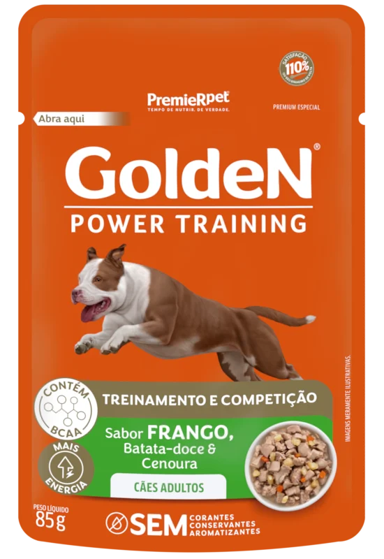 Packshot oficial de GoldeN Gourmet Cães Adultos Power Training Frango Batata Doce e Cenoura