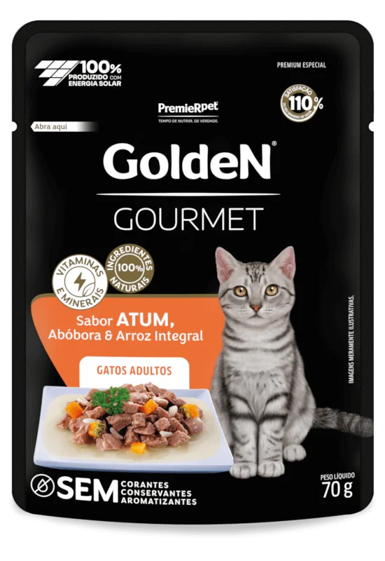 Embalagem de GoldeN Gourmet Gatos Adultos Atum, Abóbora e Arroz Integral