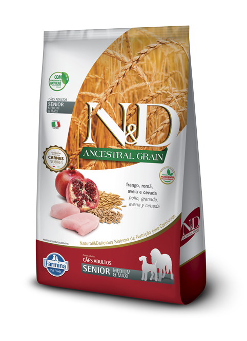 Embalagem de N&D Ancestral Grain Canine Frango & Romã Senior Medium & Maxi