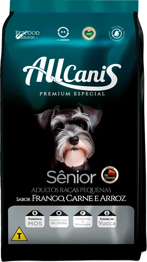 Packshot oficial de Allcanis Cães Sênior Raças Pequenas Frango, Carne e Arroz