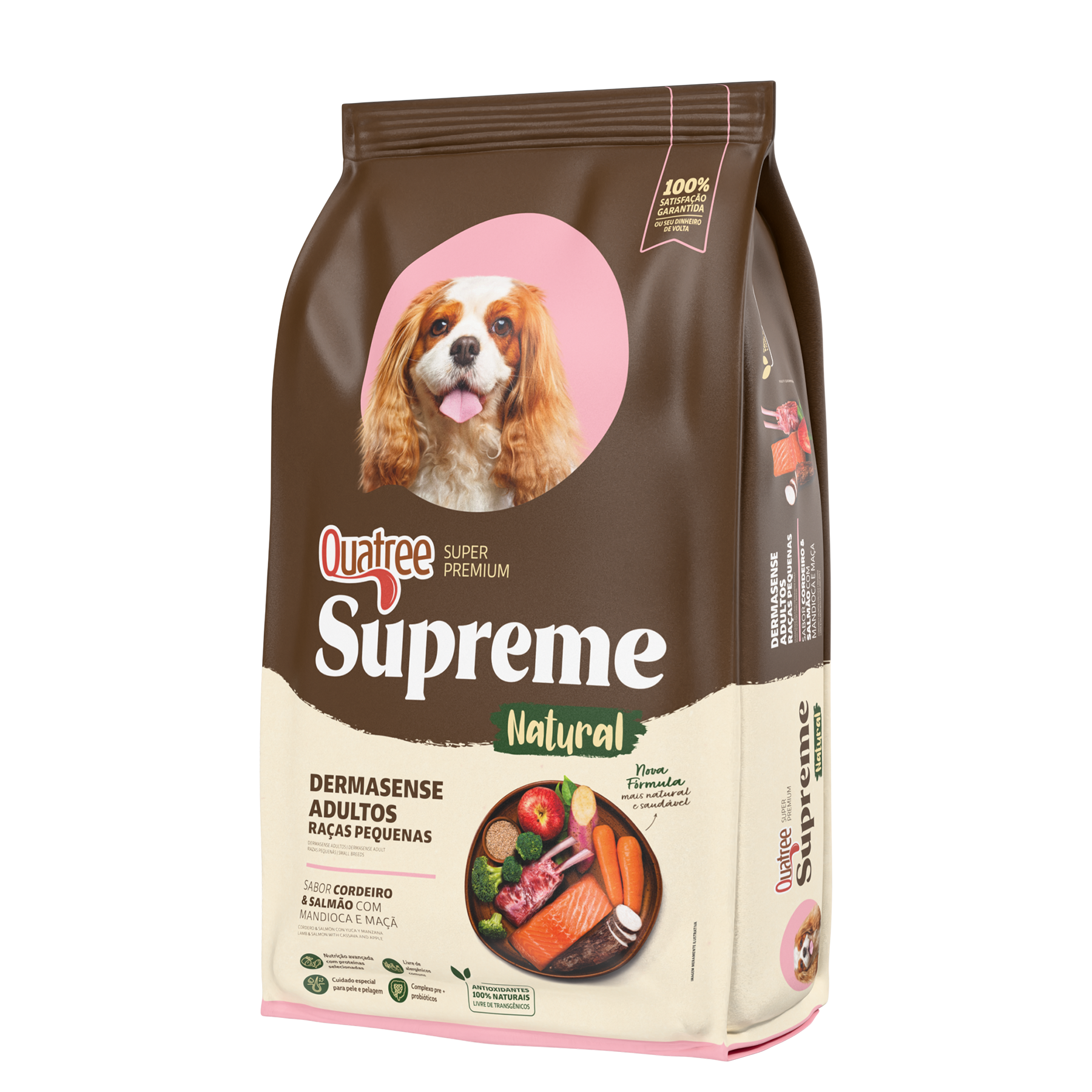 Embalagem de Quatree Supreme Dermasense Adultos Raças Pequenas Cordeiro e Salmão com Mandioca e Maçã