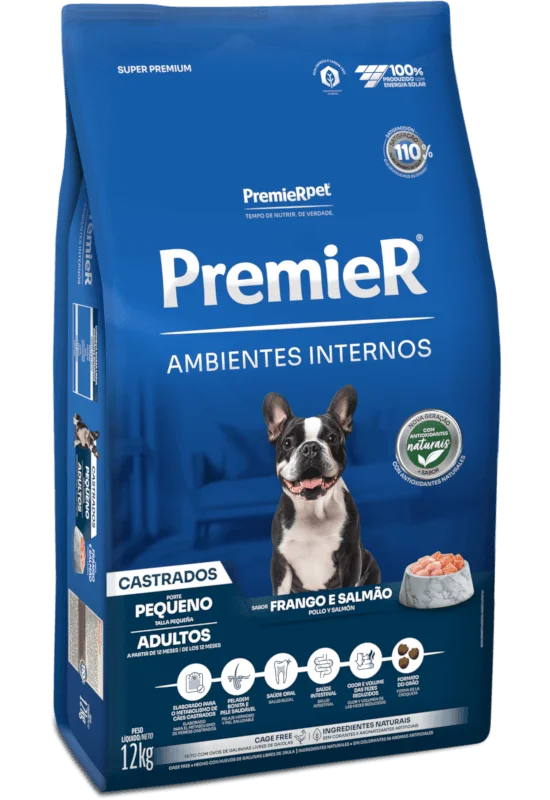 Embalagem de PremieR Ambientes Internos Cães Adultos Porte Pequeno Frango e Salmão Castrados