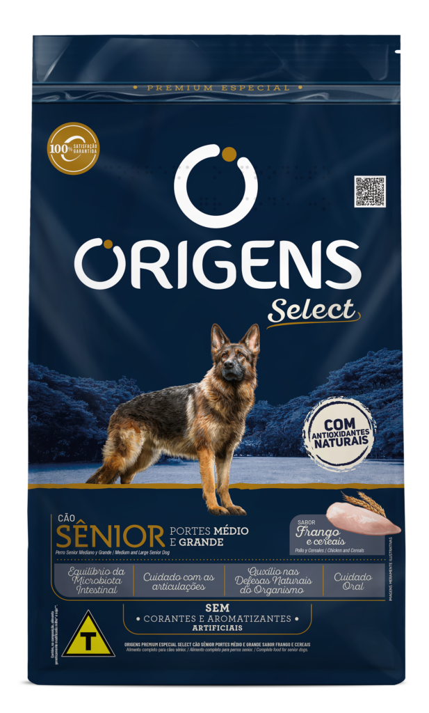 Embalagem de Origens Premium Especial Select Cão Sênior Portes Médio e Grande Sabor Frango e Cereais