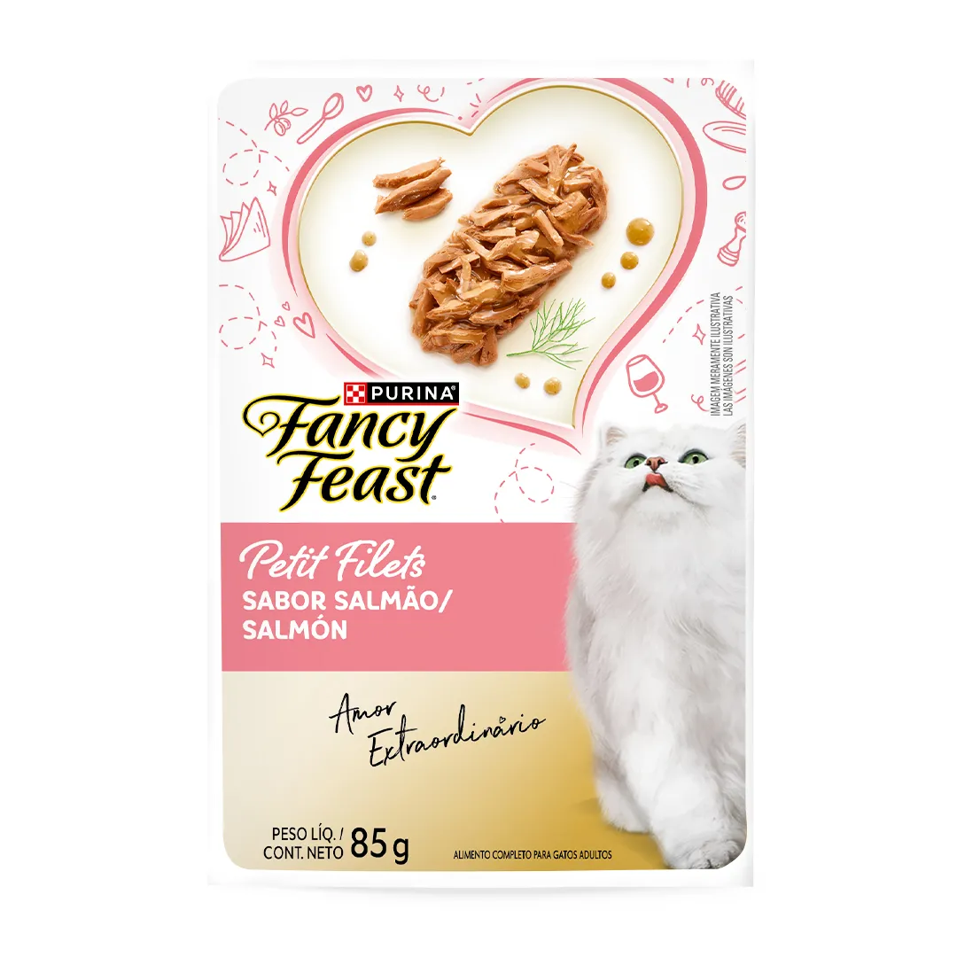 Embalagem de Purina Fancy Feast Petit Filet Salmão