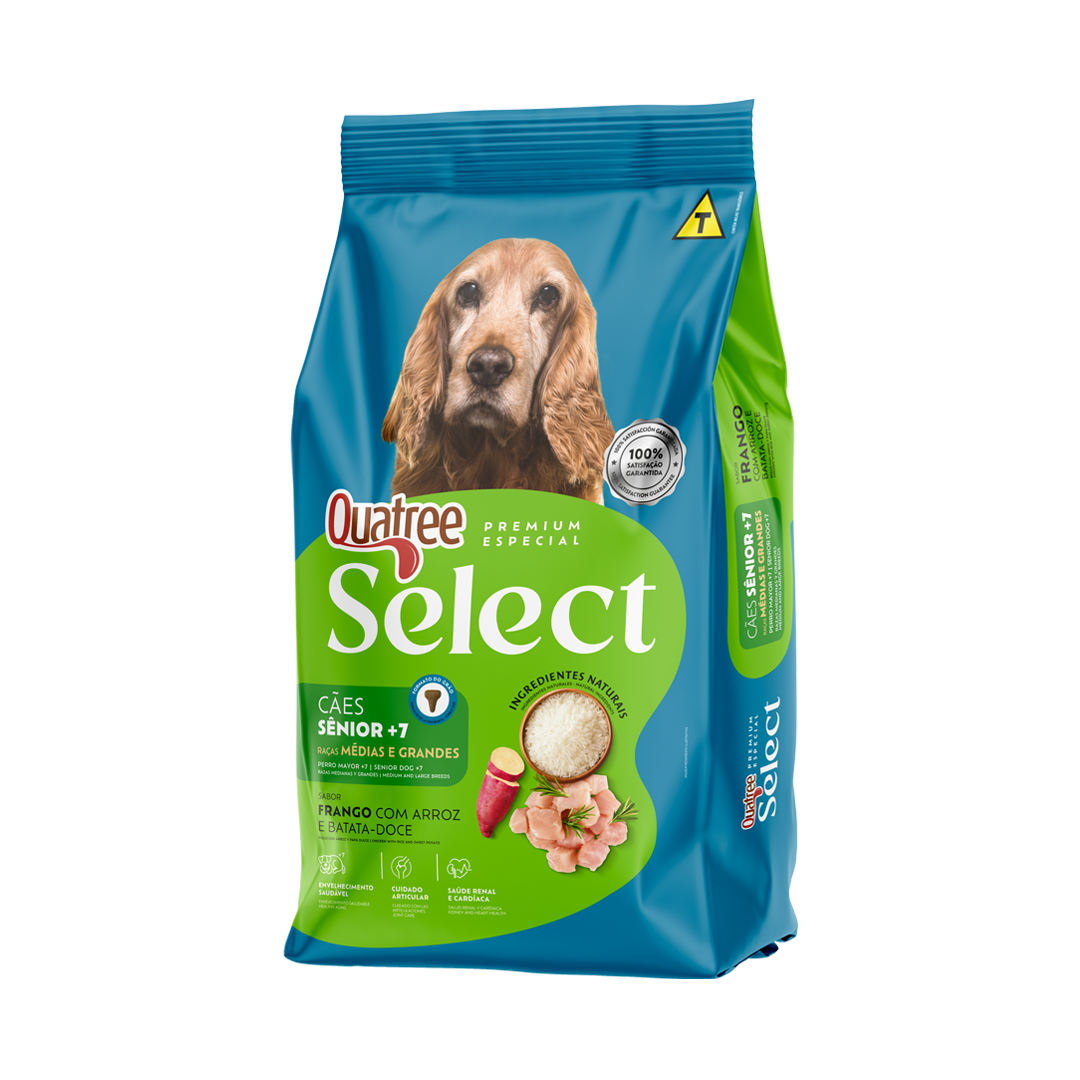 Embalagem de Quatree Select Sênior +7 Raças Médias e Grandes Frango com Arroz e Batata-doce