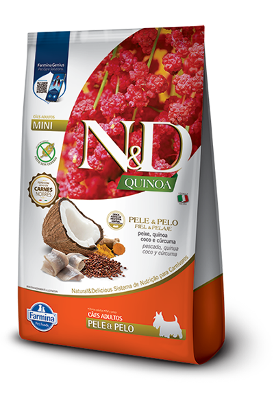 Embalagem de N&D Quinoa Canine Pele & Pelo Adulto Mini Peixe