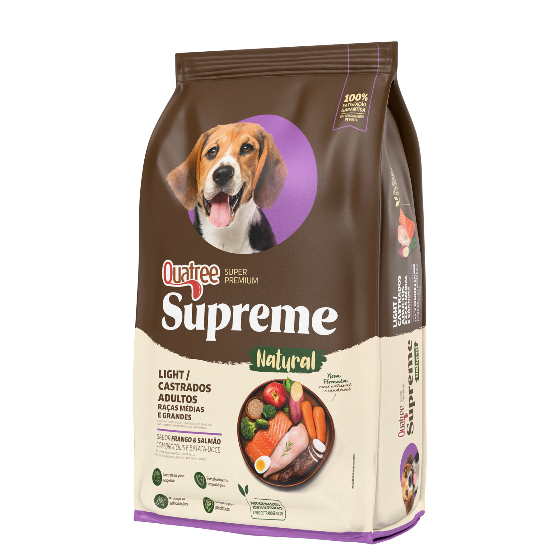 Embalagem de Quatree Supreme Adultos Light e Castrados Raças Médias e Grandes Frango e Salmão com Brócolis e Batata-doce