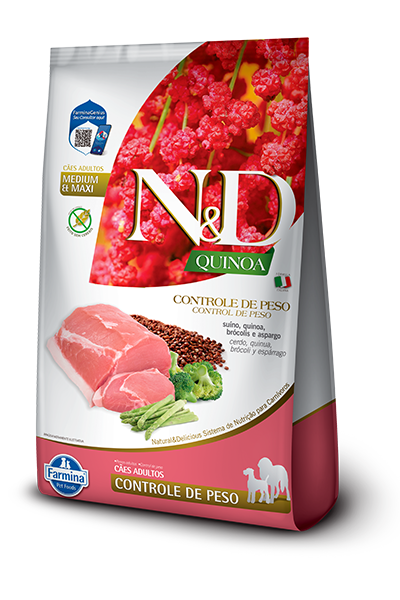 Embalagem de N&D Quinoa Canine Controle de Peso Adulto Medium & Maxi Suíno