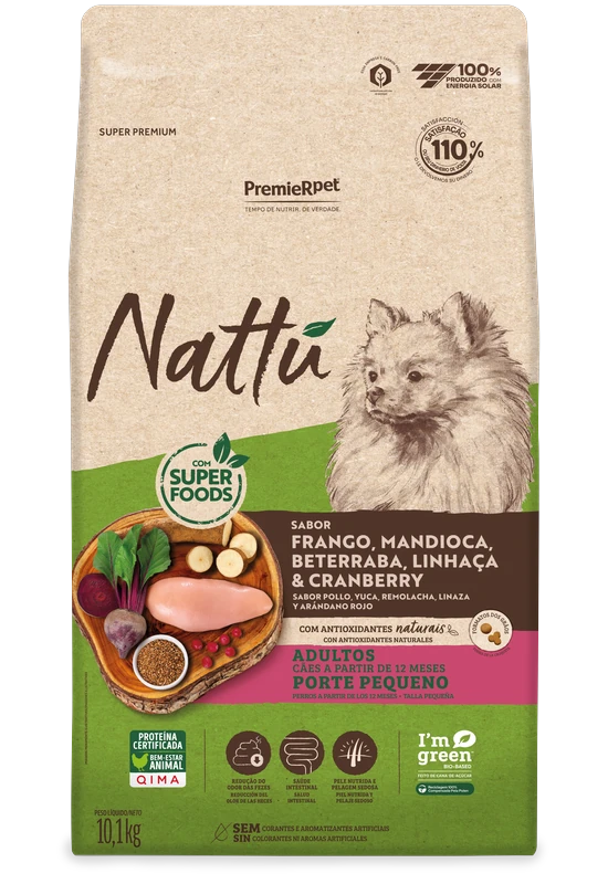 Embalagem de PremieR Nattu Cães Adultos Porte Pequeno Frango, Mandioca, Beterraba, Linhaça & Cranberry