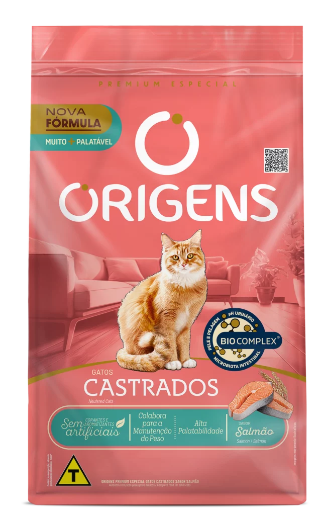 Embalagem de Origens Premium Especial Gatos Castrados Sabor Salmão