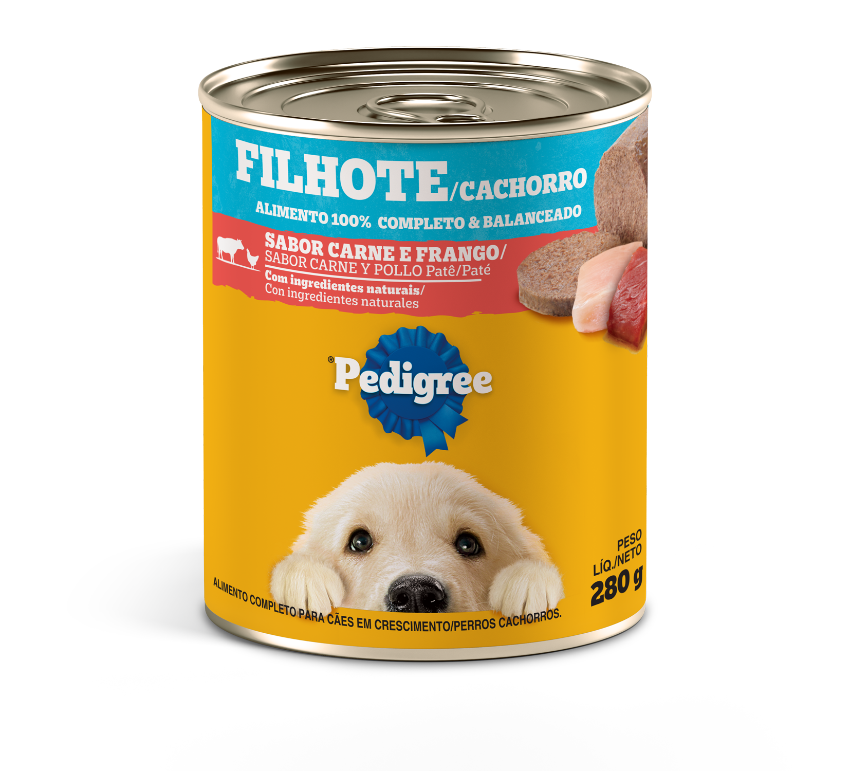 Embalagem de Pedigree Lata Filhote Sabor Carne e Frango Patê