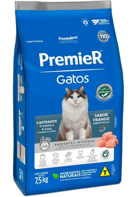 Embalagem de PremieR Gatos Castrados 6 meses a 6 anos Frango