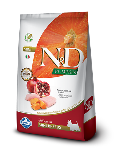 Embalagem de N&D Pumpkin Canine Frango, abóbora e romã Adult Mini