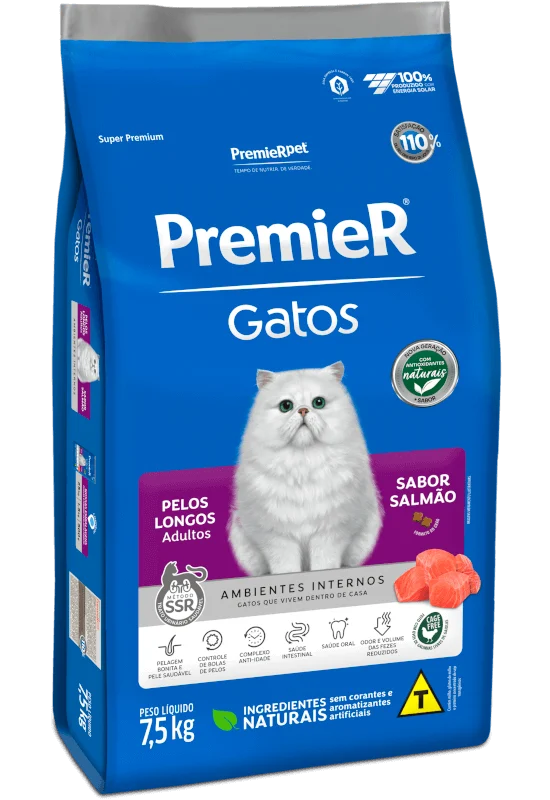Embalagem de PremieR Gatos Pelos Longos Adultos Salmão