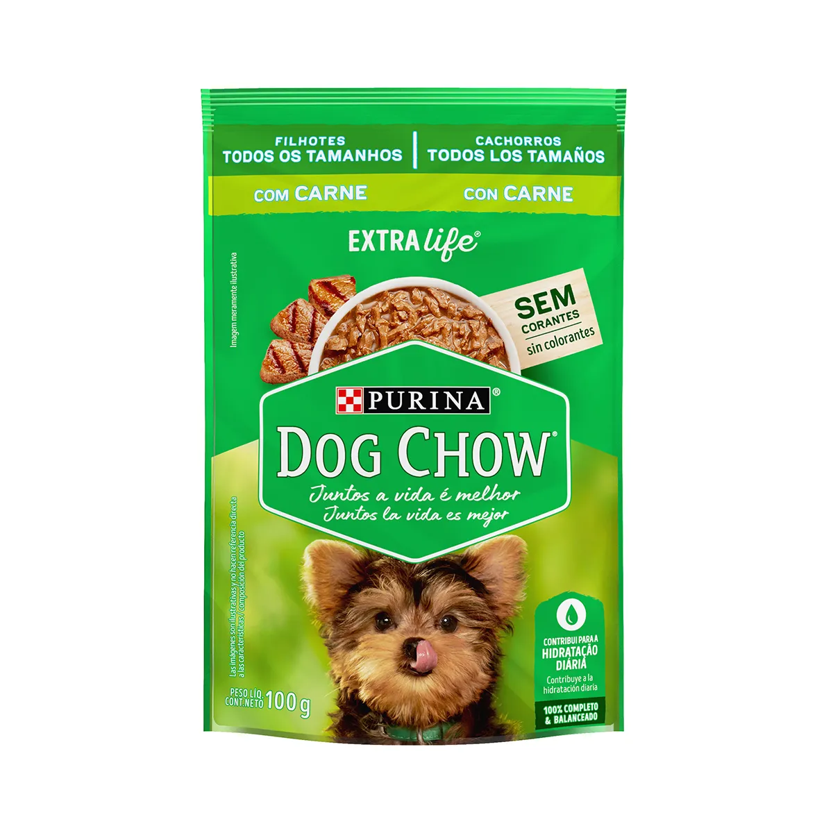 Embalagem de Dog Chow Extralife Cães Filhotes Todos os Tamanhos Sabor Carne (Sachê)