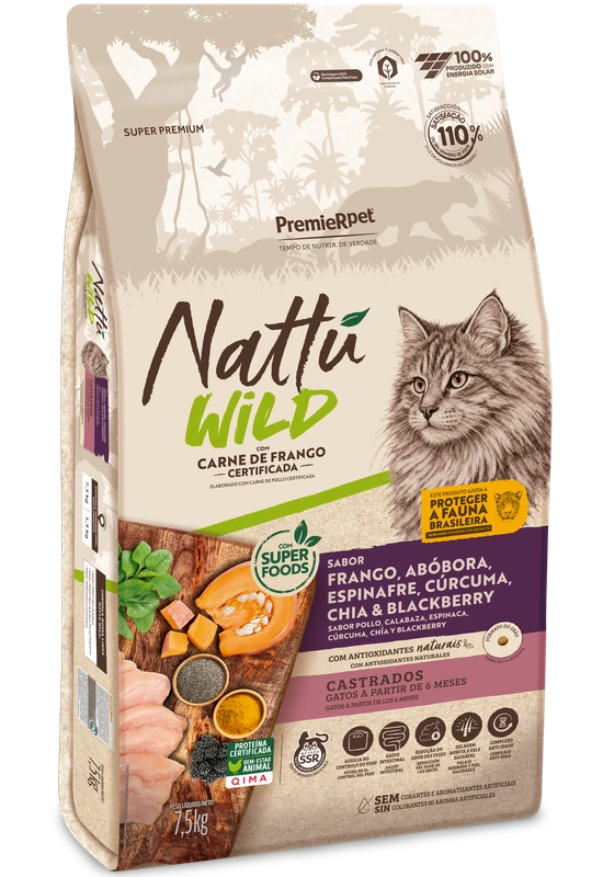 Embalagem de PremieR Nattu Wild Gatos Adultos Castrados Abóbora e Espinafre