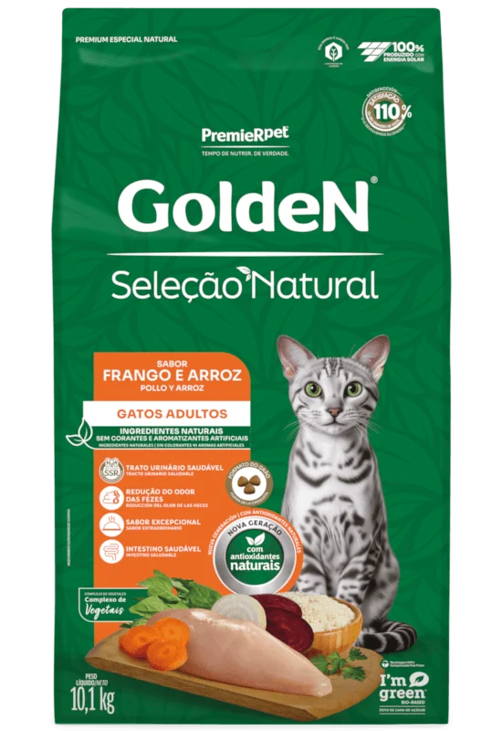 Embalagem de GoldeN Seleção Natural Gatos Adultos Frango e Arroz