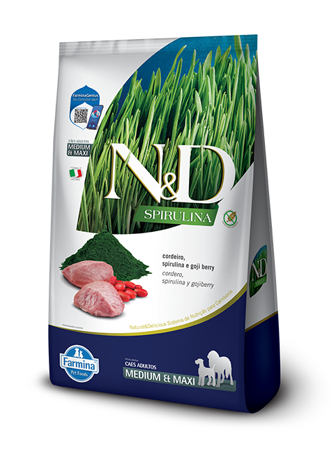 Embalagem de N&D Spirulina canine Cordeiro, Spirulina e Goji Berry Adult Medium & Maxi