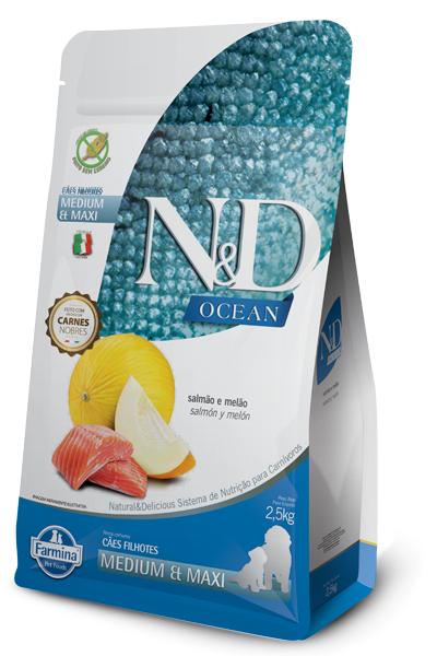 Embalagem de N&D Ocean Canine Salmão e Melão Puppy Medium & Maxi